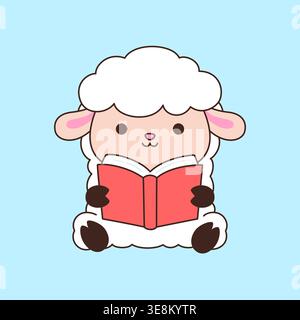 Cute kawaii white sheep sitting reading red book cartoon vector illustration on light blue background Stock Vector