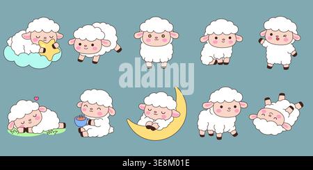 Cute kawaii sheep sticker set with multiple poses cartoon vector illustration on teal background Stock Vector