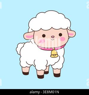 Cute kawaii white sheep standing with pink collar and bell cartoon vector illustration on light blue background Stock Vector