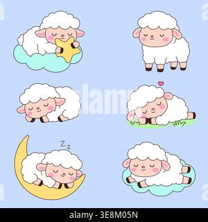 Cute kawaii sheep sticker set six poses with cloud moon and grass cartoon vector illustration on lavender background Stock Vector