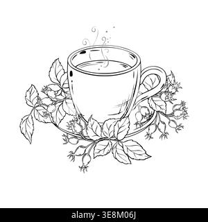 Cup of Wild Rose Tea Outline Illustration. Stock Vector