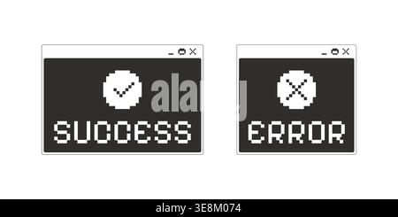 Success and error monochrome pixel pop-up window set Stock Vector