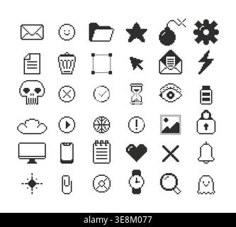 Media communication tools black and white pixel art icon set Stock Vector