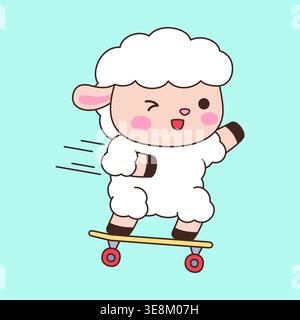Cute kawaii white sheep riding skateboard cartoon vector illustration on mint green background Stock Vector
