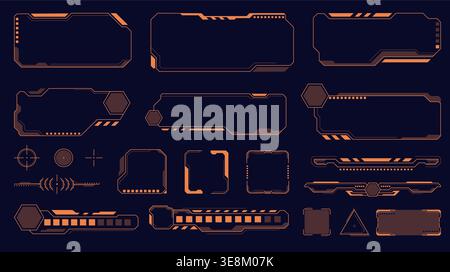 Interface futuristic frames. Sci fi game assets, hud elements, different geometric borders, dividers and indicators, hi tech text panels, UI Stock Vector