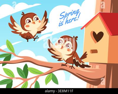 Cute sparrows on branch. Cartoon birds characters, springtime birdhouse, funny feathered mascots in tree, happy flying creations, spring nature Stock Vector
