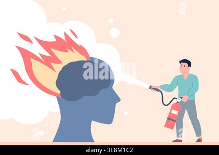 Burning brain concept. Overworking, emotional stress and anxiety. Man putting out flame with fire extinguisher. Support and mental health, burnout Stock Vector
