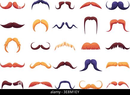 Cartoon mustache. Male mustaches, hipster face hair. Isolated barbershop symbols. Various style men facial hairs design, nowaday vector collection Stock Vector