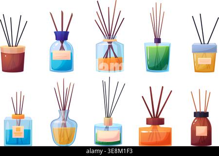 Cartoon aroma diffusers. Wooden sticks stand in different glass bottles with perfume water. Aromatherapy elements for spa, home interior accessories Stock Vector