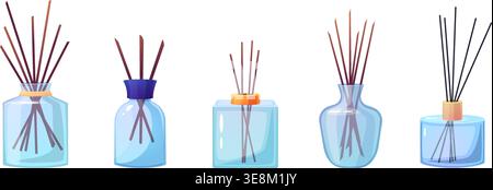 Empty aroma glass bottles. Diffuser bottle with wooden bamboo sticks. Isolated aromatherapy equipment for spa massage saloon, nowaday vector set Stock Vector