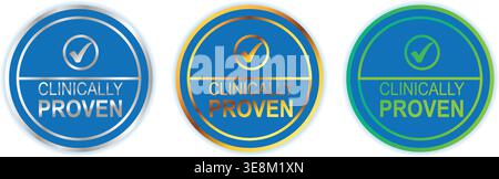 Clinically Proven Seal Badge Collection Blue Gold Green for Packaging and Advertising Stock Vector