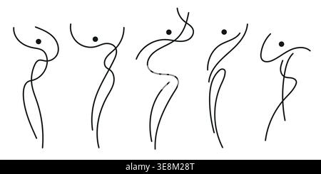 Abstract fitness logo set, dynamic human line figure, black and white. Modern vector design for sport, health, movement, and wellness, use for for Stock Vector