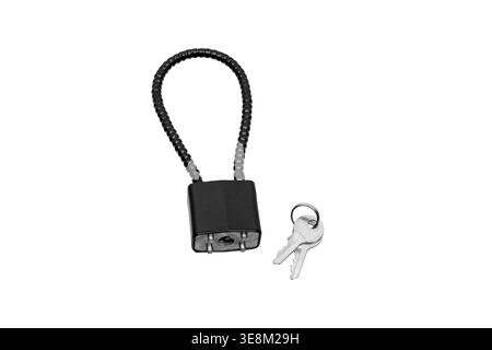 Black firearm cable lock with two metal keys isolated on a white background. Stock Photo