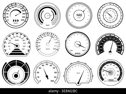 Auto speedometer icons. Black car dials, vehicle dashboard elements, kilometers indicator, round measuring scale with arrow, speed measurement Stock Vector