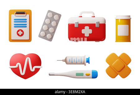 3d cartoon medicine tools. Hospital, ambulance elements, plasticine or render style, thermometer, syringe, patch, pills in blister, medical healthcare Stock Vector