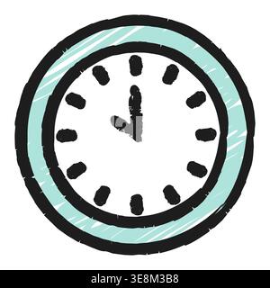 Hand drawn chalk clock with teal border. Watch icon symbol. A wall clock showing time. Vector illustration Stock Vector
