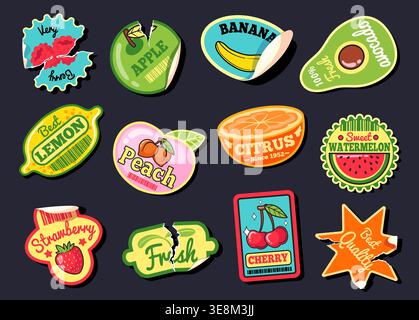 Vintage fruit stickers. Y2k retro badges strawberry groovy summer juice sticker cherry patch banana torn label exotic fruits food emblem design cartoon set neat vector illustration original artwork Stock Vector
