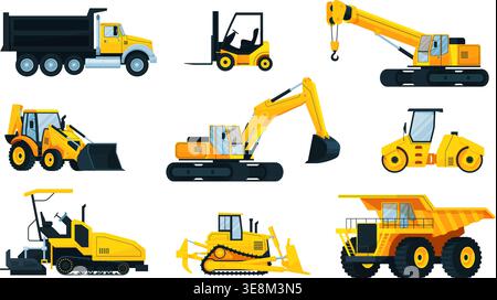 Cartoon construction machinery. Heavy truck excavator digger loader bulldozer backhoe crane dump roller tractor vehicle building site work equipment qualitative vector illustration original artwork Stock Vector