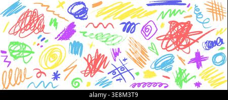 Crayon scribbles. Hand drawn pastel chalk pencil brush marker doodle scribble sketch pen stroke line texture kids children colorful crayons abstract qualitative vector illustration original artwork Stock Vector