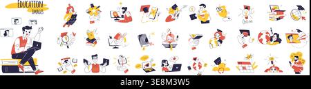 Online education people. Business school internet course, students or teachers distance learning study training book or ebook digital technology icon set classy vector illustration original artwork Stock Vector