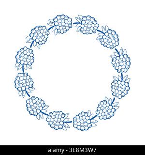 Raspberry frame vector blue line art doodle round berry wreath for summer invitation Stock Vector