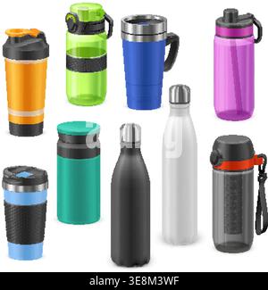 Realistic sport bottles. 3d fitness bottle mockup, water flask gym exercise drink tumbler mug thermo cup shaker reusable stainless plastic container garish vector illustration original artwork Stock Vector