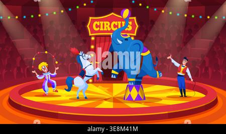 Circus show arena. Carnival fair concert inside cirque tent dome, amusement artist animals on stage performance audience spotlight lights, cartoon qualitative vector illustration original artwork Stock Vector