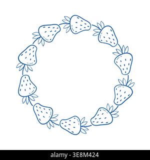 Strawberry frame vector blue line art doodle round berry wreath for summer invitation Stock Vector