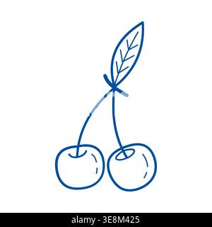 Cherry fruit vector blue line art doodle sweet berry icon for summer branding Stock Vector