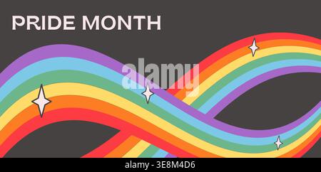 Pride Month banner with waving rainbow ribbons and sparkles on dark background. Abstract LGBTQ infinity flow background with inclusive colors and Stock Vector