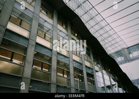 Modern architecture of Nihon University Setagaya Campus: Geometric glass and concrete facade of the university building, Tokyo, Japan Stock Photo