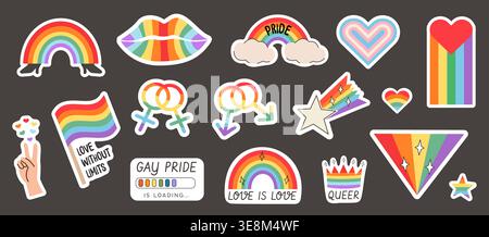 Pride die cut sticker set with rainbow icons. Hand drawn LGBTQ elements. Queer hearts, flags, symbols, and positive slogans. Trendy retro stickers for Stock Vector