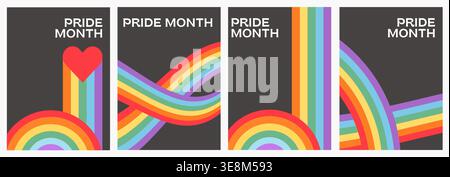 Minimalist queer pride poster set with geometric rainbow ribbons on dark background. Retro 70s Swiss design LGBTQ vertical banners and mid-century Stock Vector