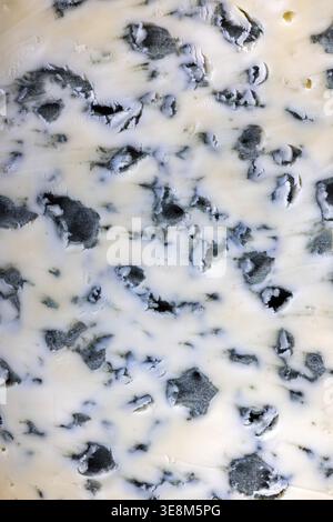 Macro shot of a slice of Fourme d'Ambert cheese showing the blue veins. Stock Photo