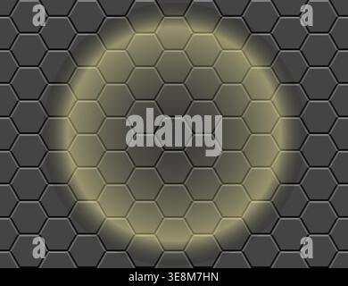 Dark hexagonal honeycomb pattern with soft circular glow creating a futuristic effect. Stock Vector