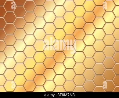 Golden metallic hexagonal honeycomb pattern with warm gradient seamless design. Stock Vector