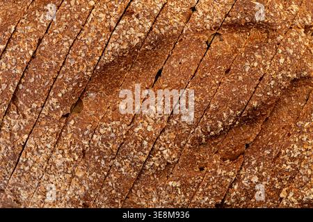 Macro view of rye bread highlighting repetitive pattern of diagonal whole-grain slices with a rustic bran-flaked crust. Stock Photo