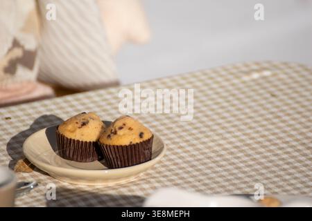 Chocolate chip muffins on a checkered tablecloth The Concept of a simple pleasure Stock Photo