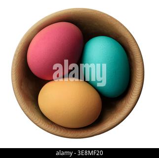 Three dyed Easter eggs in wooden bowl, vibrant pastel hues, smooth textured eggshell isolated on white Stock Photo