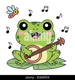 Cute Green Frog Playing Banjo on Lily Pad with Musical Notes Vector Illustration Mascot Art Stock Vector