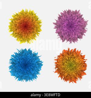 Collection of four vibrant, detailed 3D floral pom-poms in yellow, purple, blue and orange Stock Vector