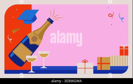 Minimalist Graduation Celebration Banner with Books, Mortarboard, and Champagne. Flat Vector Illustration with Copy Space. Stock Vector