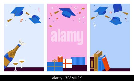Minimalist Graduation Celebration Portrait Templates Set. Flat Vector Illustrations for Instagram Stories and Posters with Copy Space. bold modern sty Stock Vector