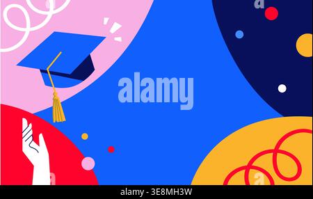 Modern Flat Graduation Square Frame with Floating Mortarboard, Victory Hand, and Abstract Shapes for Congratulations Card Stock Vector