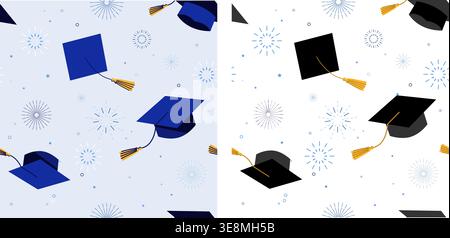 Modern Flat Graduation Seamless Patterns Collection with Blue and Black Mortarboards, Fireworks, and Stars. Stock Vector
