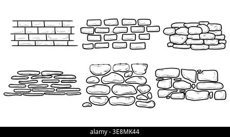 Stone and brickwork walls, hand-drawn sketch. vector illustration. A part of the facade made of pebbles and boulders, a set of simple drawings, isolat Stock Vector