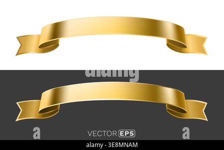 Elegant golden ribbon banner set. Realistic metallic gold award or title design element. Vector illustration. Stock Vector