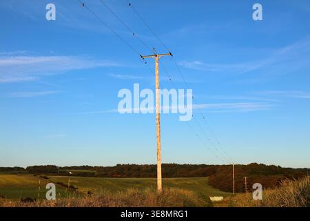 Electric grid in Northern Ireland. Wooden electric pole with glass insulators. Electricity power line. Stock Photo
