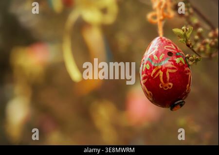 Spring Easter tree adorned with colorful painted eggs hanging from branches under natural daylight. Bokeh background of lush green foliage and blossom Stock Photo