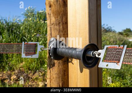 Close-up of a black gate handle with a metal spring and strap, mounted on a rustic wooden fence post in a sunny outdoor setting with green foliage Stock Photo